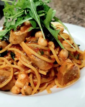 Vegan pasta with vegan sausage  at Pasta Factory in Galway