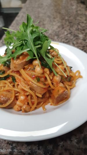 Vegan sausage with red peppers mousse sauce at Pasta Factory in Galway
