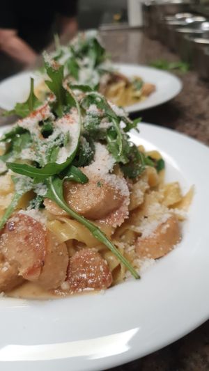 Vegan sausage stroganoff  at Pasta Factory in Galway