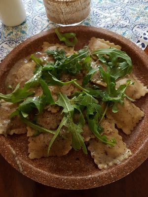 Vegan ravioli dish with red lentils at Pasta Factory in Galway