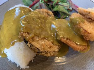 Vegan plate (rice, eggplant, sweet potato, pumpkin & arugula) at Wagamama in Milan