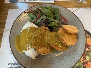 Vegan plate (rice, eggplant, sweet potato, pumpkin & arugula) at Wagamama in Milan