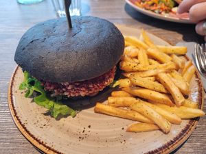 Quinoa - beet burger at Systrakaffi in Kirkjubaejarklaustur
