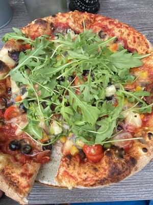 Vegan pizza with vegan cheese. 12” big pizza  at Systrakaffi in Kirkjubaejarklaustur