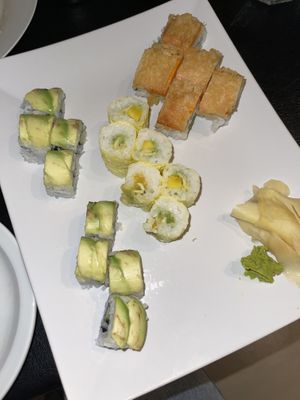 Avocado cucumber roll, mango avocado roll, yam roll at Just Delicious Japanese Bistro in Summerland