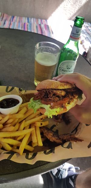 Vegan burger with fries and burbonsauce. at Tugg Burgers in Boras