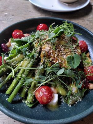 Grilled asparagus with courgette cake and plant-based feta at The Warren in Carmarthen