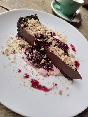 Chocolate and cherry tart with hazelnut topping and yoghurt at The Warren in Carmarthen