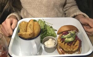 Roasted carrot burger with aioli and chips at The Warren in Carmarthen