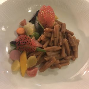 Lentil pasta with sweet potato sauce and veggies at De Oude Sluis in Groningen