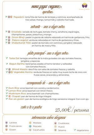 Menú vegano at Crown of India in Altea