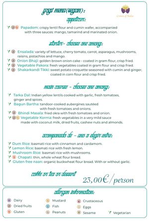 Vegan menu at Crown of India in Altea