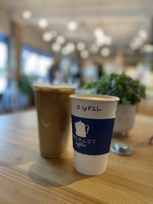Fireside latte, iced lavender latte  at Backlot Coffee in Evanston