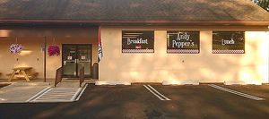 Outside view with picnic tables at Andy Pepper's in Oley