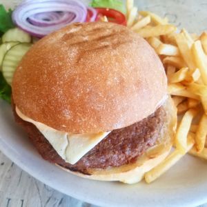 All vegan Impossible Burger with the Butcher's Son vegan jack cheese at Cato's Ale House in Oakland