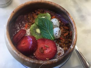 Acai bowl with almond granola and coconut shavings  at The Butcher's Daughter in Brooklyn