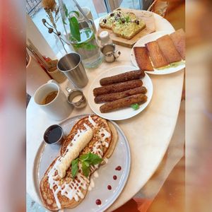 Pancakes, “sausage”, “bacon”, and Avacado toast! at The Butcher's Daughter in Brooklyn