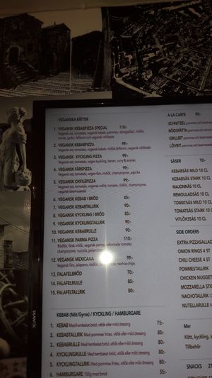 Vegan menu at Nobel Pizza in Helsingborg