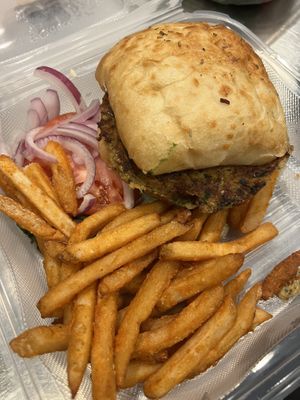 Veg burger and fries  at Roadhouse Grill in Park City