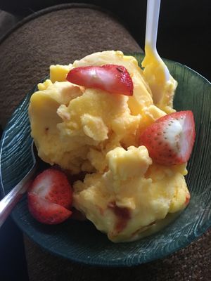 Mango tajin ice cream with strawberries at El Michoacano Ice Cream and Mexican Food in Des Moines