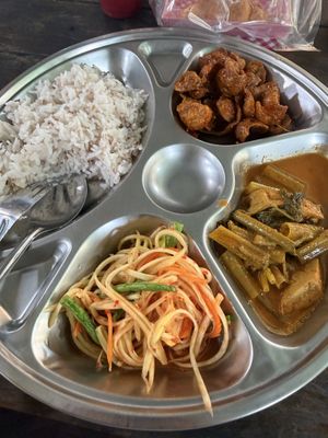 Selection of vegan Thai dishes  at Santi Asoke Temple Community in Bangkok