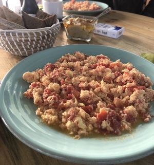 Omelette (vegetarian, not vegan) and hummus in the back  at Herbs & Honey in Gyumri