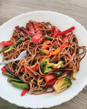 Delivered vegan soba (via Glovo), huge portion, a lot of vegetables. Deliveres quickly, in foil containers, so food arrives hot. at Herbs & Honey in Gyumri