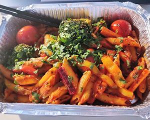 Delivered penne pasta with vegetables. So juicy! Super duper tasty broccoli. The portion is about 500 grams. at Herbs & Honey in Gyumri