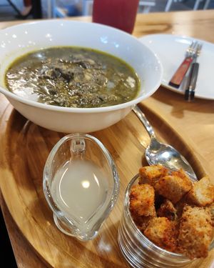 Aveluk (horse sorrel) vegan soup with croutons at Herbs & Honey in Gyumri