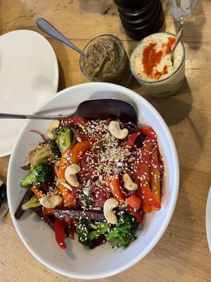 Rice noodles 6/10 hummus 3/10 eggplant spread 1/10  at Herbs & Honey in Gyumri