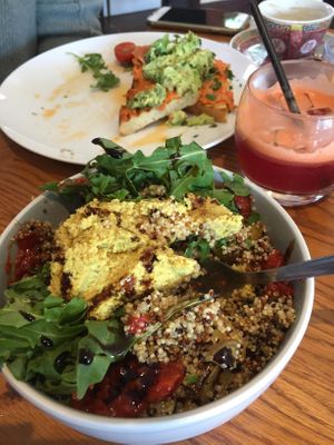 Veggie bowl, smashed avocado on toast, and beetroot juice  at Cafe Eighty2 in Drumnadrochit