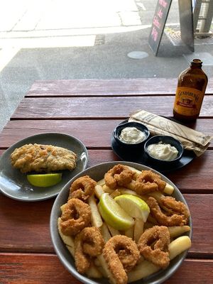 'Vish', 'calamari', and tartare sauce - all vegan at Northcote Fish & Chips in Northcote