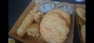 Soyveloy, dim sims, potato cakes and gravy. at Northcote Fish & Chips in Northcote