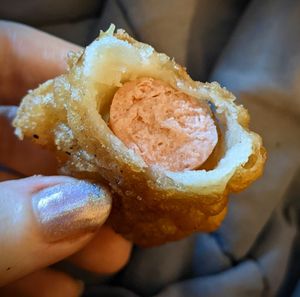 Battered soyvaloy at Northcote Fish & Chips in Northcote