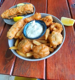 Mixed seafoodless basket and classic Vish at Northcote Fish & Chips in Northcote