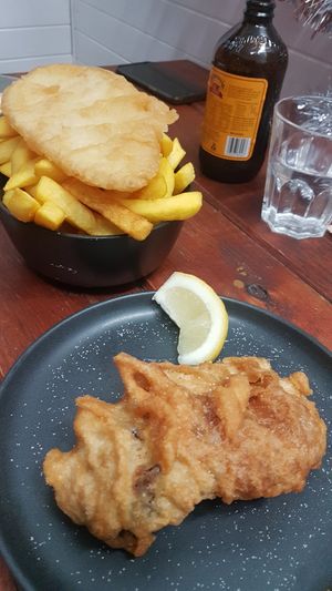 Vegan vish, chips and potato cake at Northcote Fish & Chips in Northcote