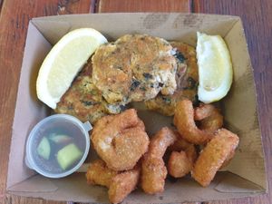 3 Thai vish cakes $5.00 special; Pair of crumbed calamari $2.20 at Northcote Fish & Chips in Northcote