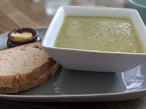Soup with bread and vegan spread  at Northern Soul Kitchen in Berwick-upon-tweed