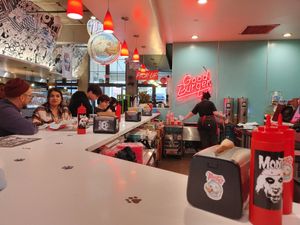 Cool 1950s vibe. at Monty's Good Burger in Riverside