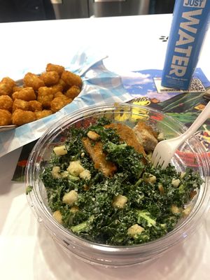 Dinner: H2O, Tots, and Kale YEAH Caesar Chick’n’ Salad 💗  at Monty's Good Burger in Riverside