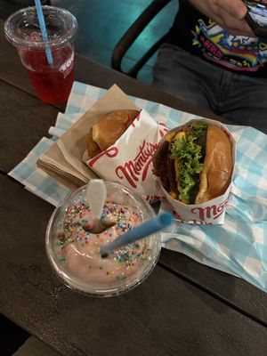 Double burger, chicken sandwich, strawberry shake and cherry bomb!  at Monty's Good Burger in Riverside