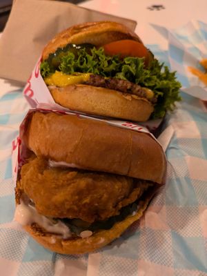 Chicken sandwich and a cheeseburger at Monty's Good Burger in Riverside