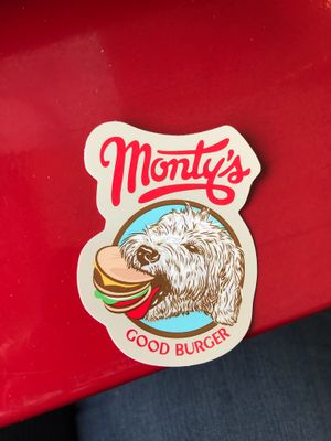 Monty with burger sticker at Monty's Good Burger in Riverside
