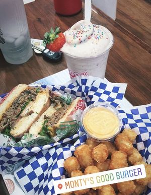 double patty burger, tots and shake at Monty's Good Burger in Riverside
