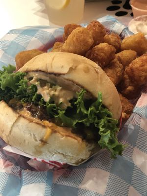 Close up burger  at Monty's Good Burger in Riverside