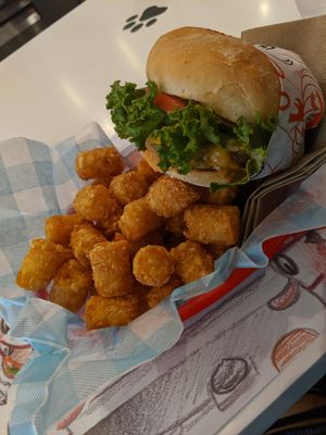100% plant based with tots and dipping sauces at Monty's Good Burger in Riverside