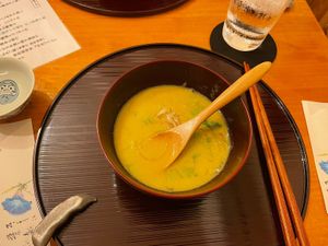 Corn and lettuce soup   at Minoya in Tokyo