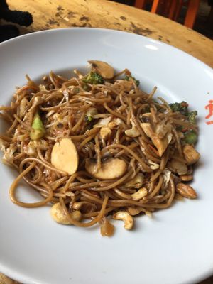 Whole wheat noodles (leave out egg) with mushroom, broccoli, tofu and cashews  at Wok to Walk in Riga
