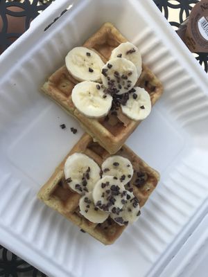 Waffle with bananas, peanut butter, cocoa nibs at Pure Juicery Bar in Cary