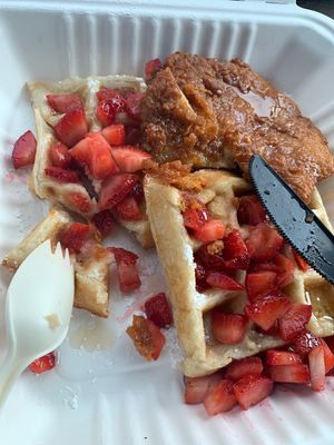 Chic’kn and waffle with strawberries  at Pure Juicery Bar in Cary